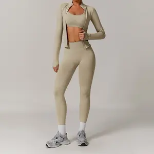 3 Peace Set Activewear - Beige Crop Top & Leggings  for Women