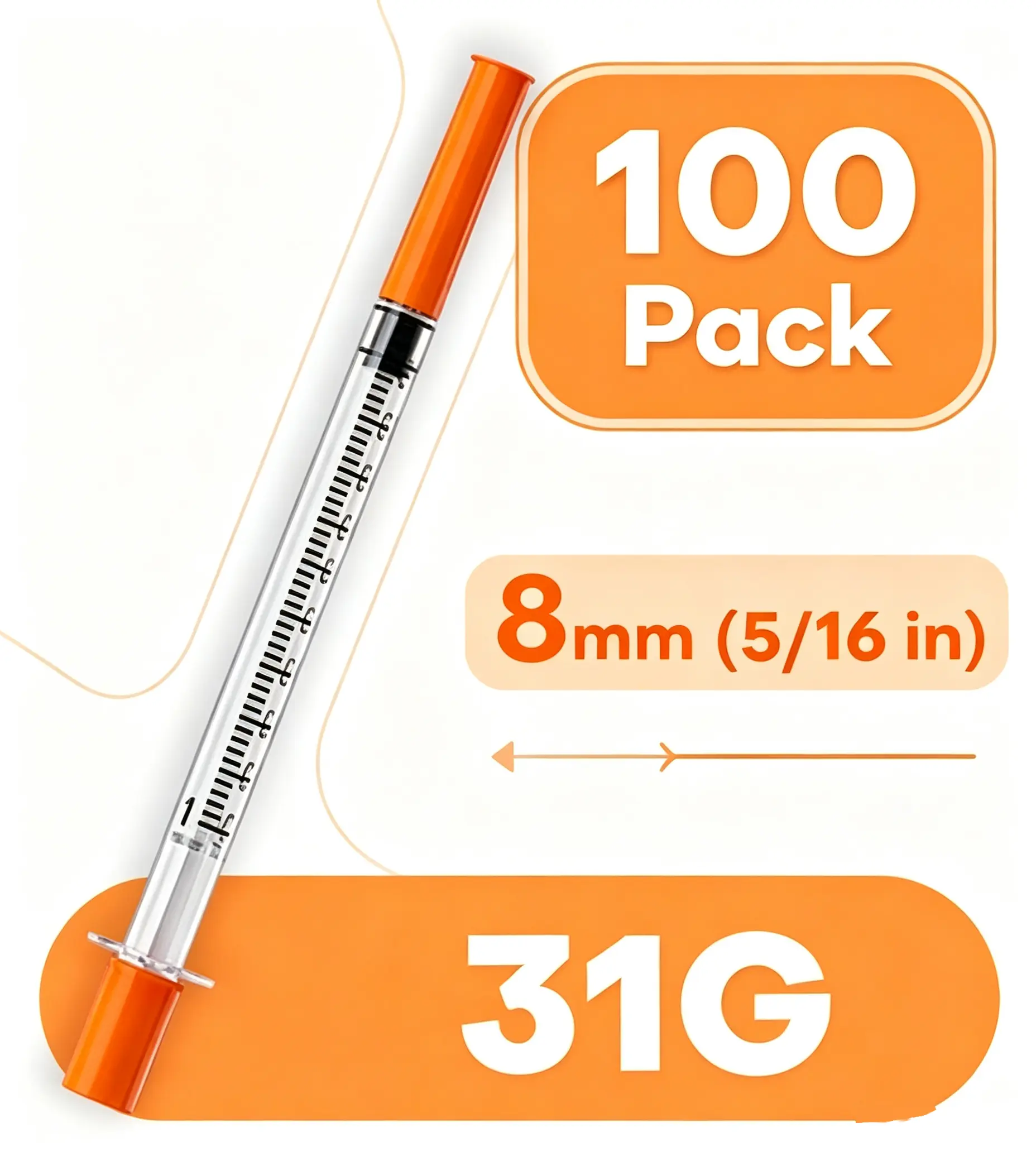 100-Pack U-100 31G 8mm 1mL Syringes with Needle, Precision Liquid Dispensing Tools for Labs & Camping, Individually Packed with Clear Scale Markings