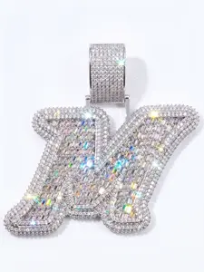 Space ice Large Iced Out Letter M Pendant, 75x90mm Baguette & Round CZ Initial Charm, Metal with Silver Plated, Hip Hop Bling Name Pendant for Men