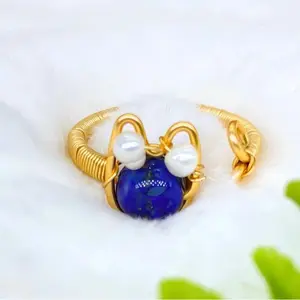 Hand Made wrapped wire Cat ring ，Adjustable Ring,Animal ring ，Lapis， Green Aventurine,Red Agate