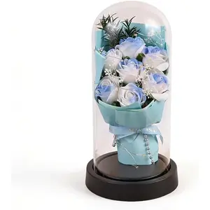 Forever Blue Rose Bouquet in Glass Dome - 2026 Blue Preserved Rose Bouquet, Blooms for 3-5 Years Ideal Valentine's Day Birthday Present, Home Decor Gift Ornament