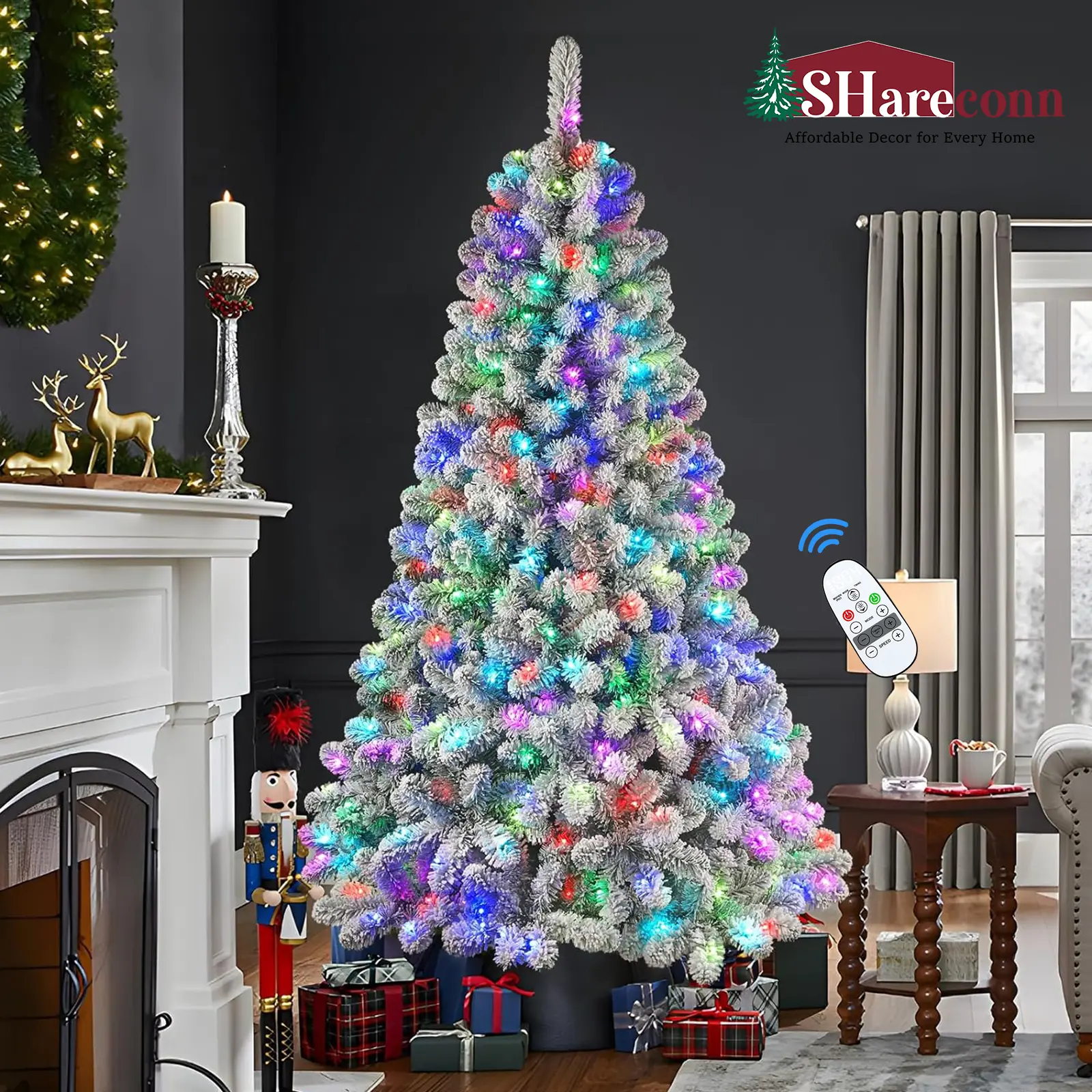 SHareconn 4/5/6/7/7.5/8/9FT Prelit Snow Flocked Artificial Christmas Tree - Hinged Festive Decoration with Remote Light Control, Timer, Warm or Color Glow Lights for Room Decor, Multicolor Sparkle, Colorful Lights