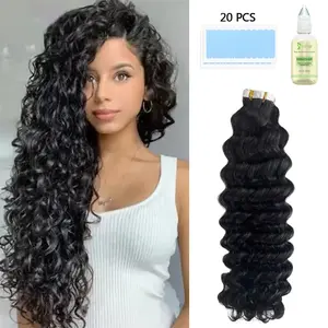 Tape In Hair Extensions Human Hair 50 g Deep Wave Black Color With Replacement Tapes 20 Pcs, Remover