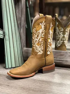 071 TERESA MANGO WOMENS TAN WESTERN COWGIRL BOOTS –FLORAL EMBROIDERED MID-CALF BOOTS