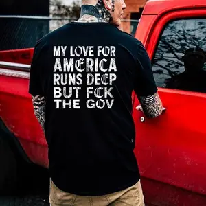 My Love For America Runs Deep But Fck The Gov Vintage T-Shirt, Roaring Tiger Graphic Tee for Men, Motivational Back Print Shirt, Retro Streetwear, Heavy Cotton Casual Tee, Oversized Unisex Shirt, Gift for Him
