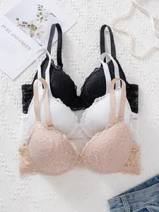Women's Floral Lace Push-Up Bra Set, 3-Pack Underwire Wireless Comfortable Everyday Wear, Elegant Fashion Design