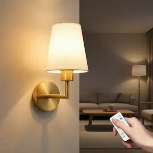 Gold Wall Sconce with Remote Control, Modern Fabric Shade Wall Lamp for Bedroom, Living Room, Hallway and Bedside Decor