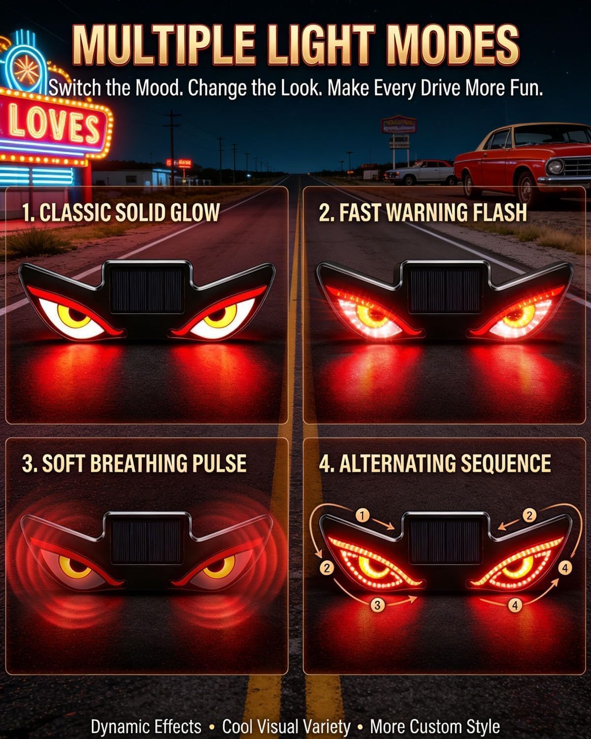 Solar Powered Devil Eyes LED Car Light, Dynamic Windshield Ambient Lamp | Vibration & Light Sensor, USB-C Rechargeable, 5 Dynamic Lighting Modes with security rgb shape heart
