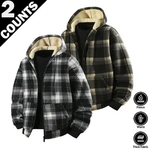2PCS-Men's Plaid Jacket Long Sleeve Hooded Fleece LinedWarm Casual Coat for Autumn Winter 2026 New ArrivalsMedium Plaid Pattern Menswear eleven season 5 outfit