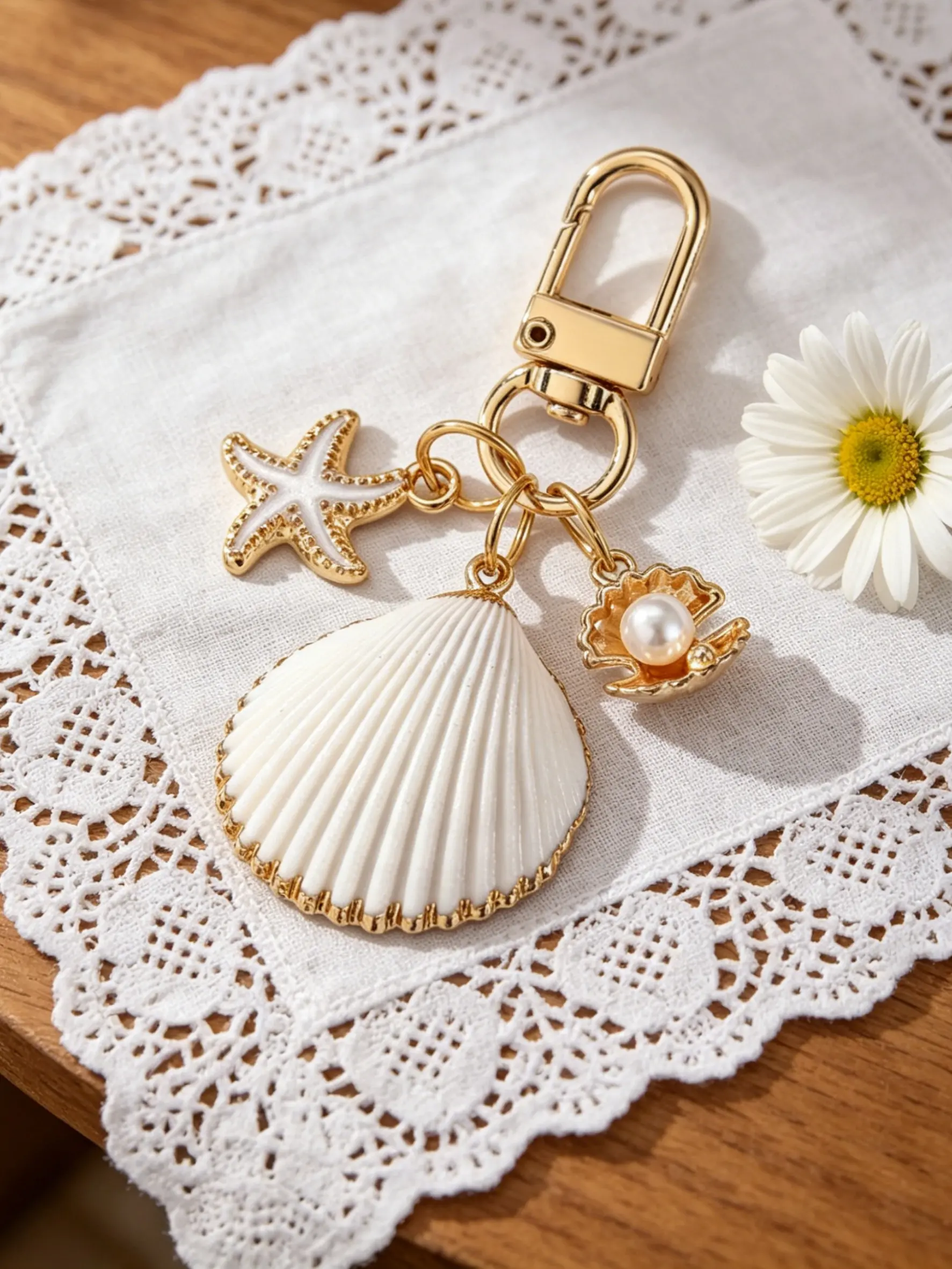 Ocean Style Shell Starfish Pearl Keychain, Cute Beach Bag Charm Vacation Accessory for Women