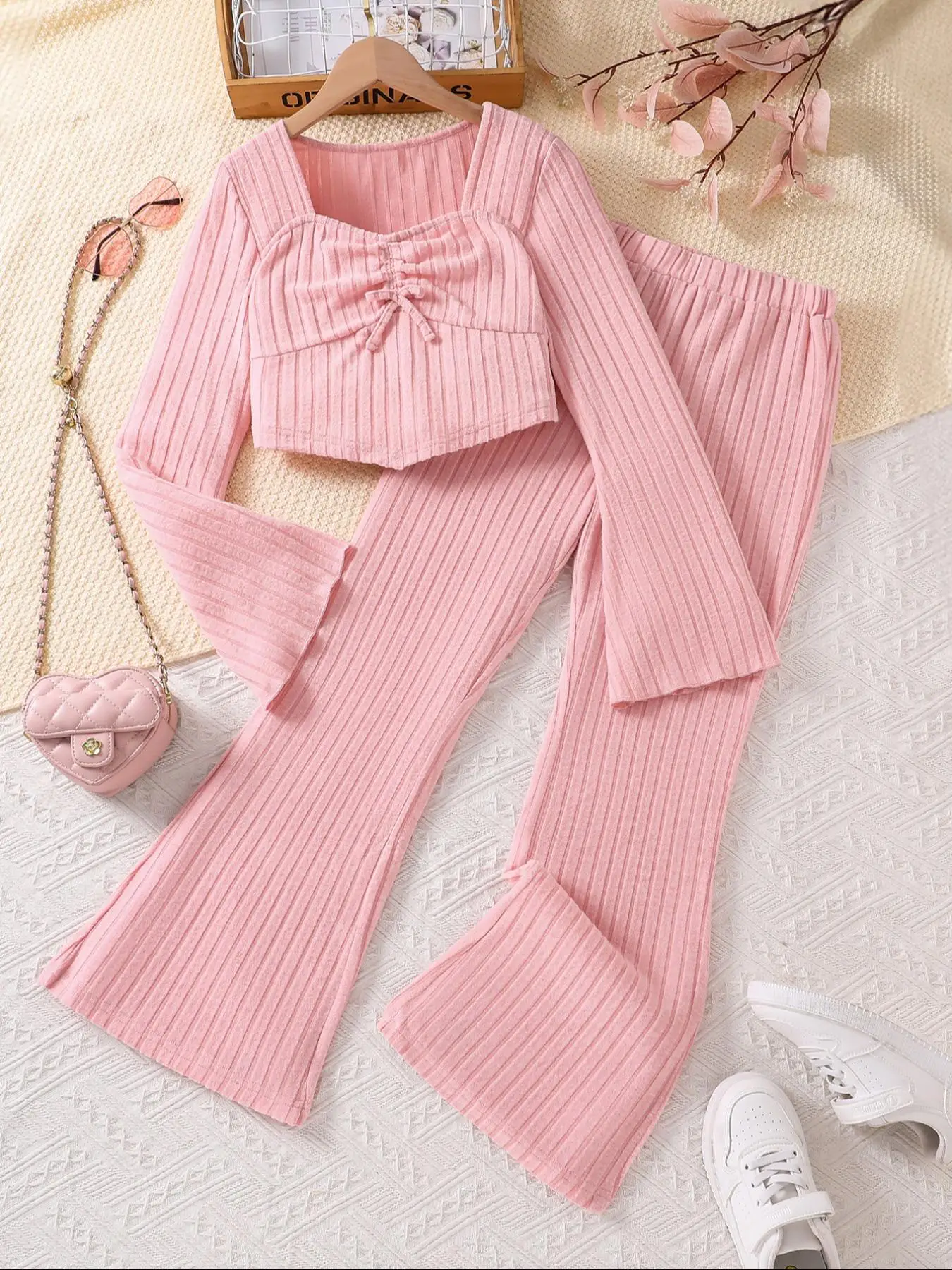 Two-Piece Set Teenager Girl's Solid Bow Decor Ruched Tee & Flare Leg Pants Set, Casual Sweetheart Neck Flounce Sleeve Top & Elastic Waist Trousers for
