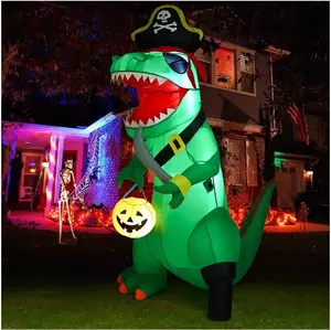 GOOSH 7 FT Halloween Inflatables Dinosaur Outdoor Decorations Blow Up Yard Pirate Dinosaur with Pumpkin Decoration with Built-in LEDs for Indoor Party Garden Lawn Decor