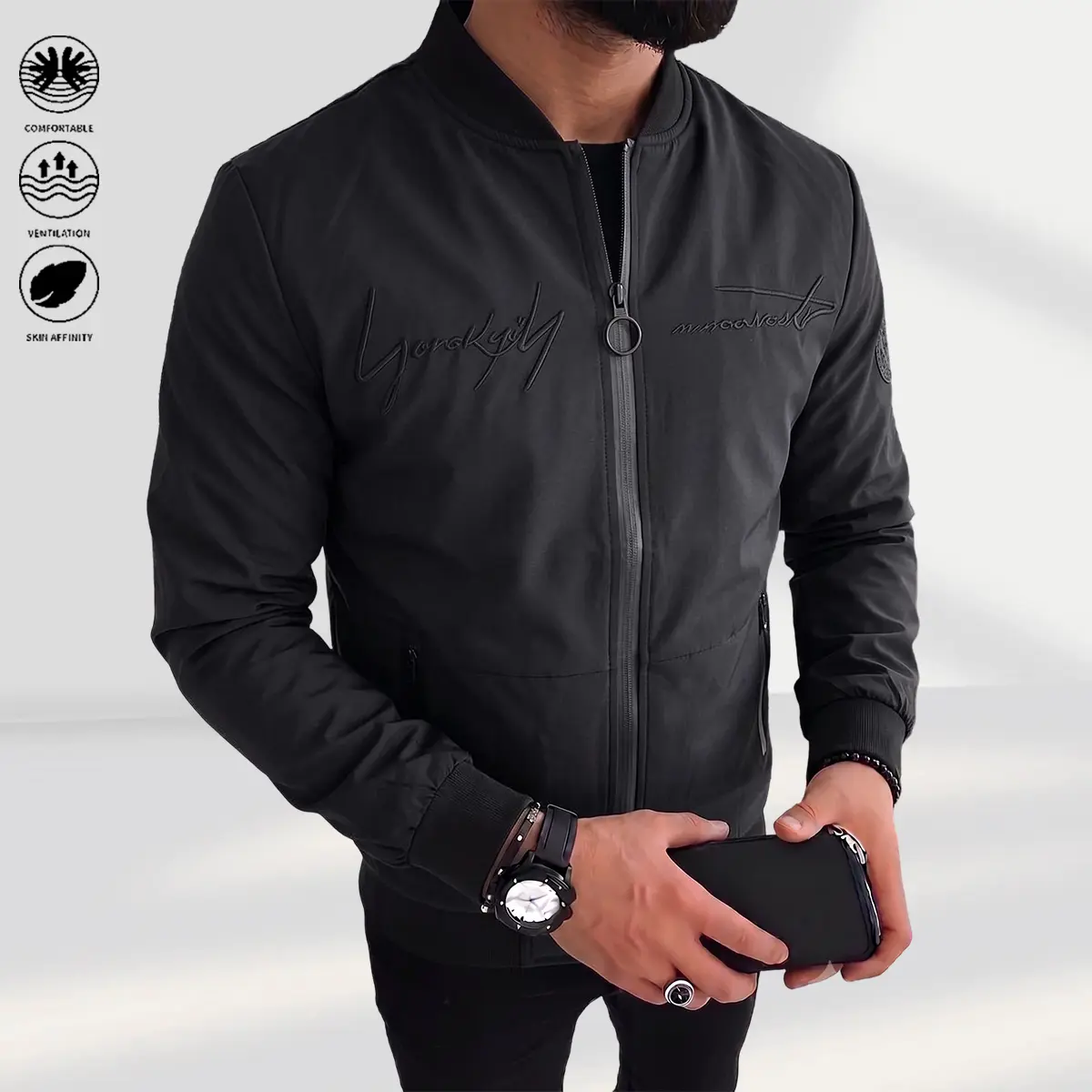 Men’s jackets, men’s vintage lapel jackets, full-zip work jackets, men’s workwear, embroidery, wardrobe winter collection, long-sleeve men’s tops, sincere black jacket, wrinkle-resistant, stain-resistant, easy care, built-in hidden pockets, autumn/winter