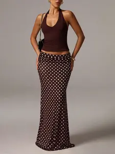 Polka Dot Midi Skirt, Millennial Retro High-Waist Slim-Fit Skirt, Casual Beach Women's Knit Polka Dot Print Skirt, Fashionable Streetwear Womenswear Chic