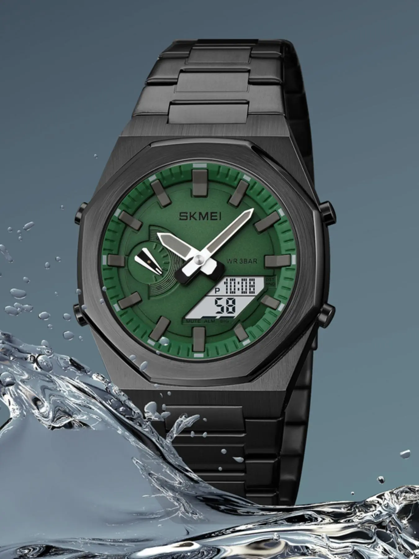 Business Essential Skmei World Time Durable Watch Quartz Waterproof Watch Stainless Steel Octagonal Case Analog Electronic Dual Display 30m Waterproof Multifunctional Sport Watch Waterproof Wristwatch