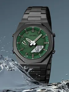 Business Essential Skmei World Time Durable Watch Stainless Steel Octagonal Case Analog Electronic Dual Display 30m Waterproof Multifunctional Sport Watch