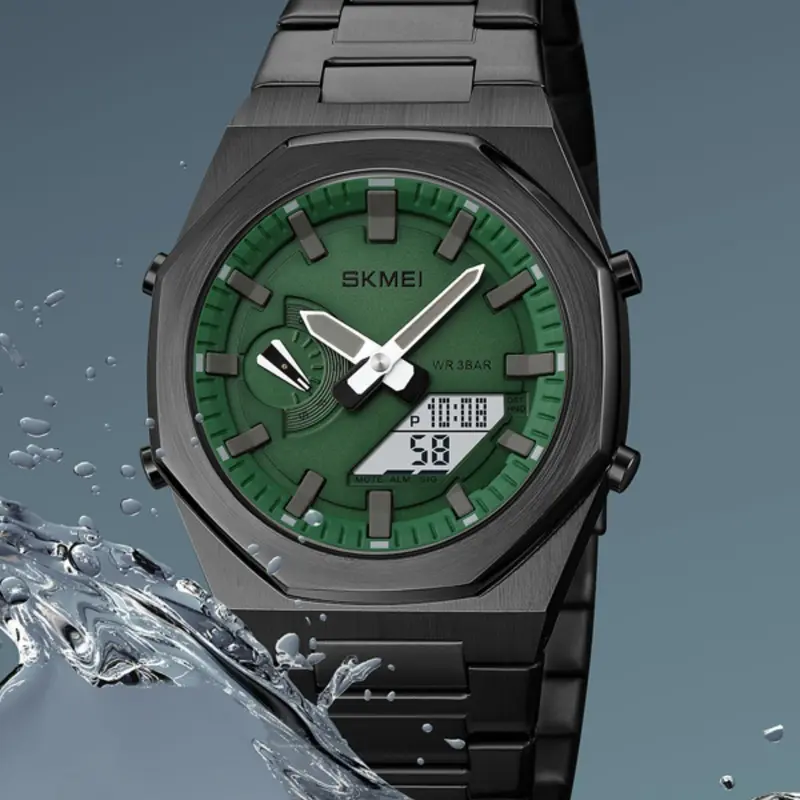 Business Essential Skmei World Time Durable Watch Quartz Waterproof Watch Stainless Steel Octagonal Case Analog Electronic Dual Display 30m Waterproof Multifunctional Sport Watch Waterproof Wristwatch Analog Watches