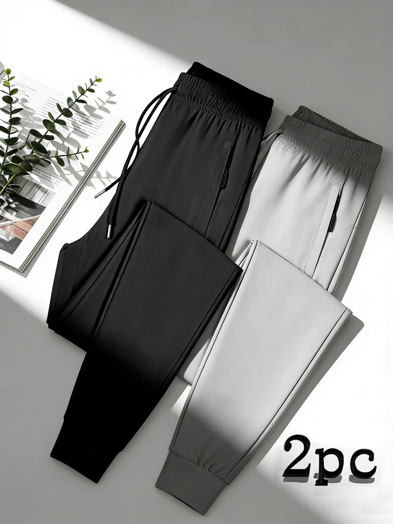 Lady's Ice Silk Spandex-Nylon Fabric Casual Bottoms 2-Pack, Lightweight Quick-Drying Breathable Joggers with Adjustable Drawstring Elastic Waistband, Anti-Theft Zippered Pockets, Versatile for Workouts, Hiking, Everyday, Wrinkle Resistant