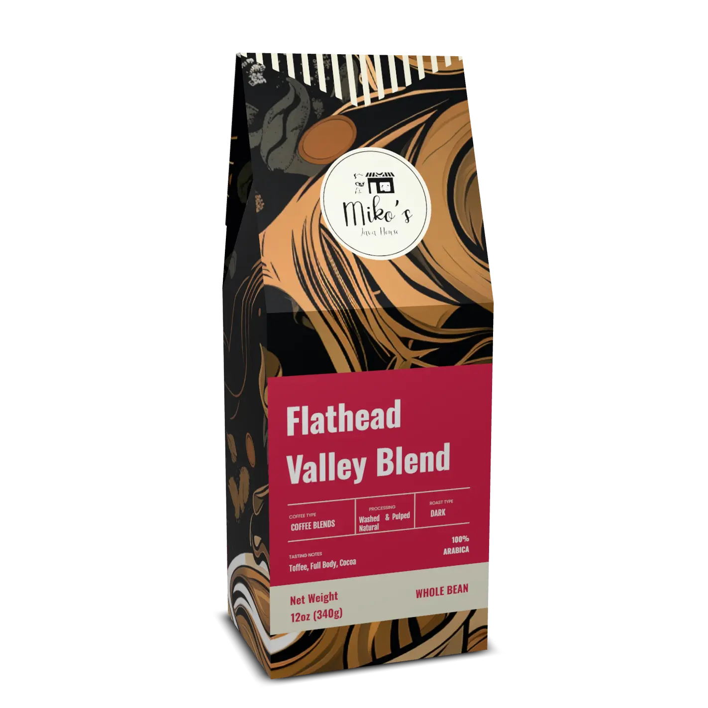 Mikos Java House Flathead Valley Blend Coffee, Dark Roast Whole Bean, 100% Arabica, Brazil Mexico Guatemala Blend, 12 oz