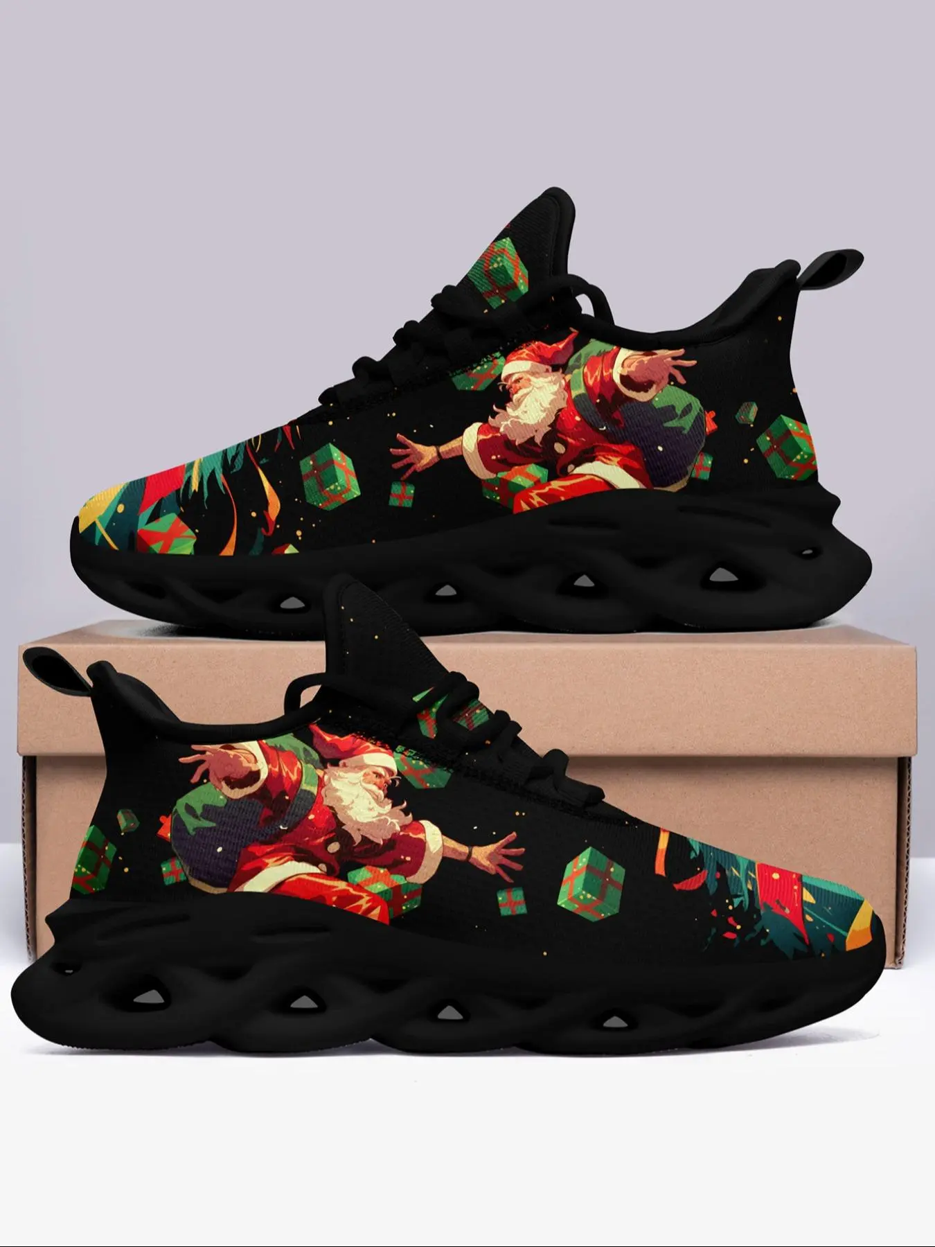 Men's Christmas Theme Santa Claus Print Sneakers, Casual Comfortable Blade Sole Sports Lace Up Sneakers, Fashionable Sneakers for Daily Wear, Graphic Print Sneakers