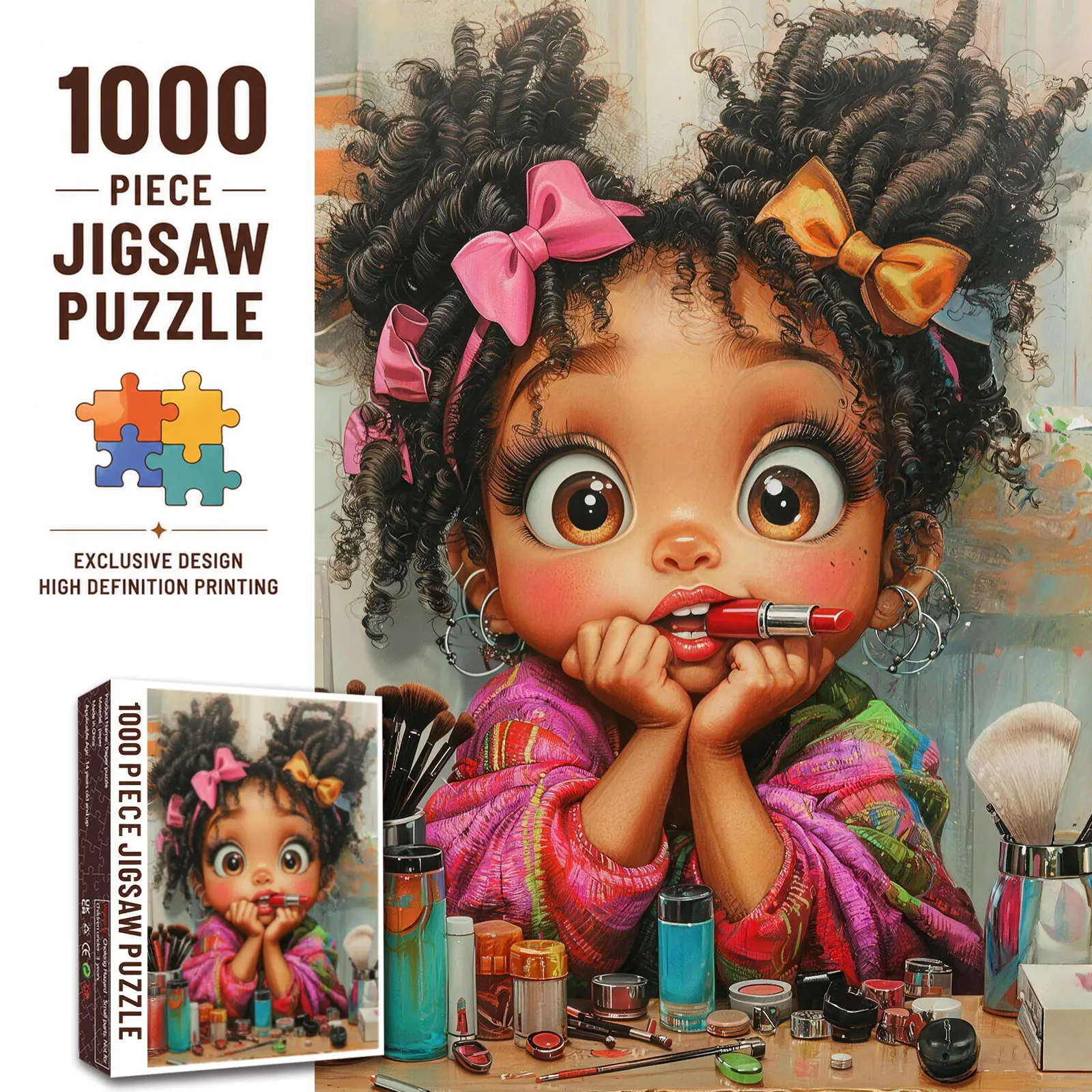 Walarky Cute Black Girl Beauty 1000 Pieces Jigsaw Puzzle, Adorable Afro Girl with Makeup Tools Colorful Cartoon Portrait Illustration, Family Game Brain Teaser Stress Relief Relaxing Challenge, Puzzle Lover Wall Decor Gift for Adults Seniors, 70x50cm