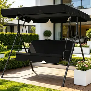 SummerVibes 3-Seat Outdoor Patio Swing Chair with Removable Cushion, Sturdy Steel Frame Stand, Adjustable Tilt Canopy, Freestanding Patio Swing Bench for Patio, Garden, Poolside, Balcony and Backyard
