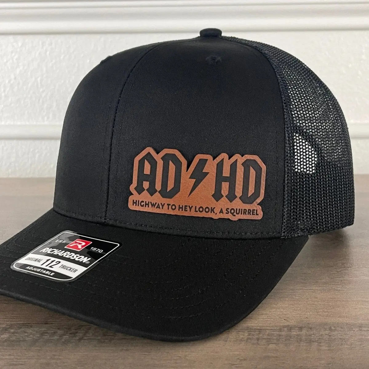 ADHD Highway to Hey Look, A Squirrel Side Leather Patch Hat Valentines Day Gift Black