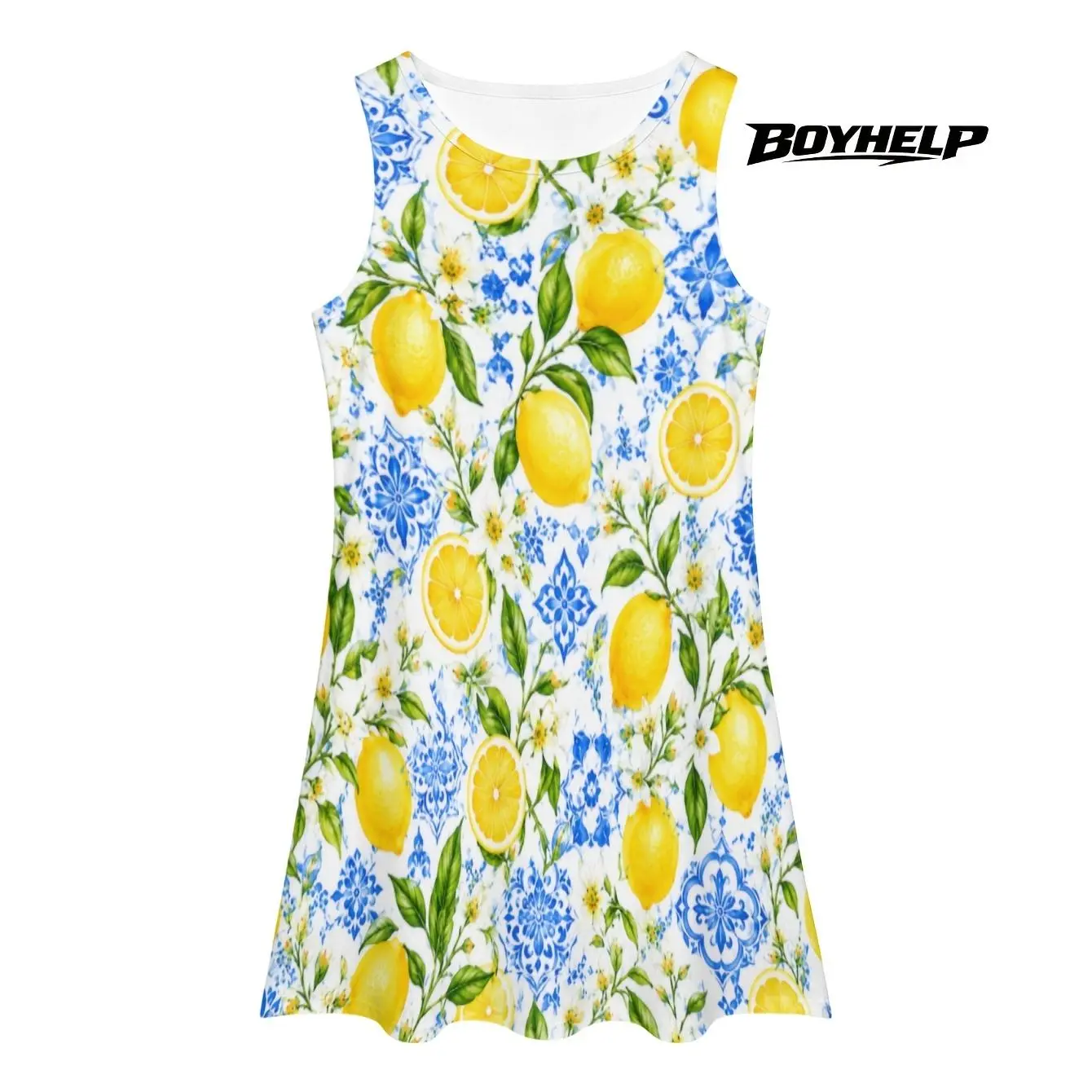 Mediterranean summer dream Bright lemon tile print dress, lightweight for vacation & casual day out