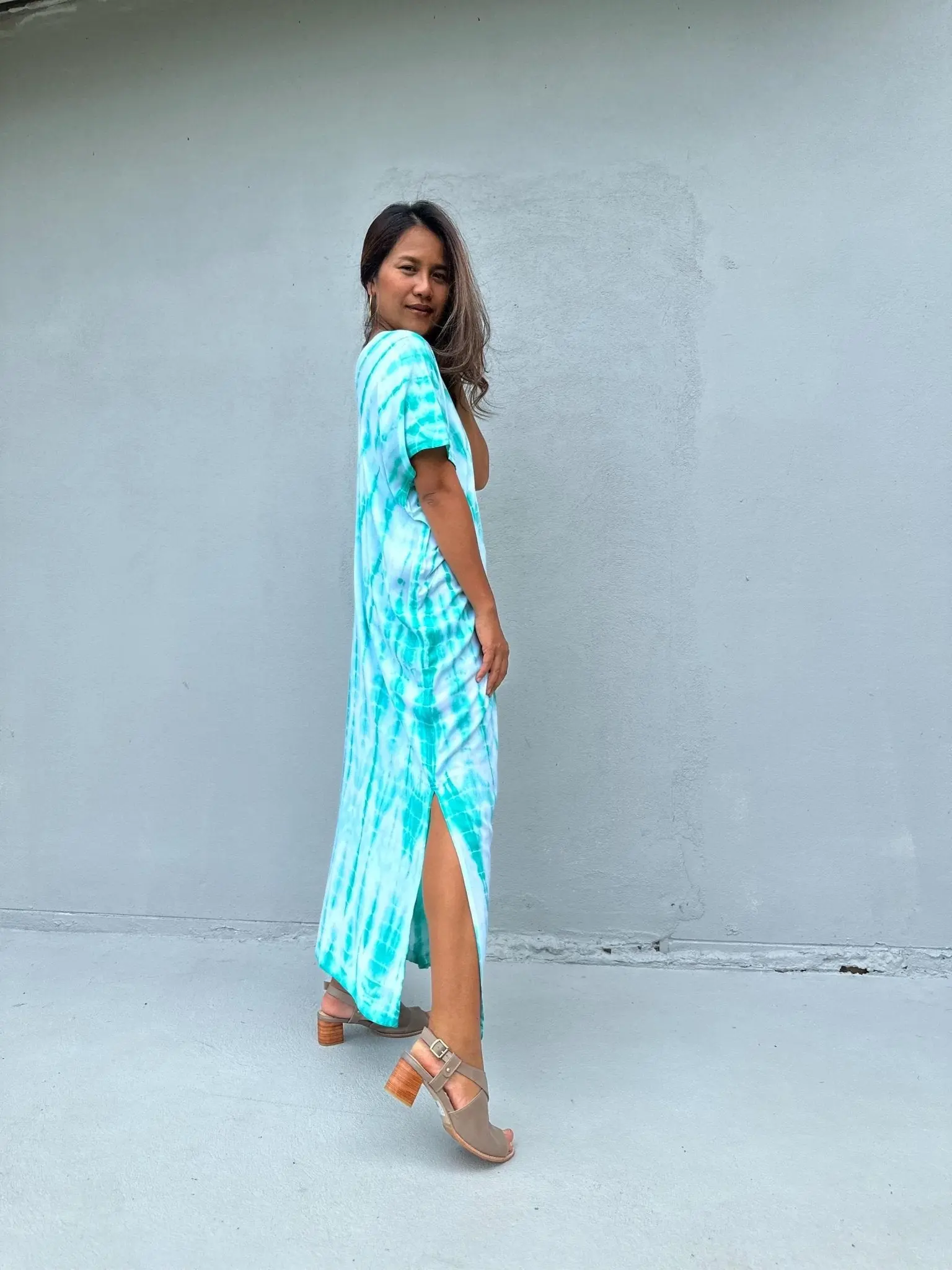 Petite Aqua Tie-Dye Kaftan Dress, Long Casual Style in Lightweight, Breathable Rayon with an Elongating, Skimming Fit and Belt