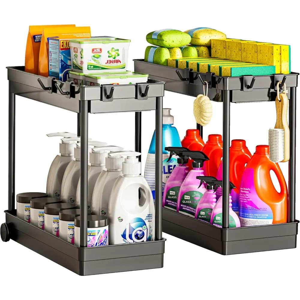 Black 2-Pack ABS Plastic Standing Under Sink Cabinet Organizer - 2-Tier Basket Shelf with Hook Support, Easy-to-Clean Hollow Wind Leaf Design for Kitchen Accessories