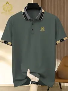 Men's Pierre Cardin Badge Print Polo Shirt, Elastic Casual Breathable All-Season Wear, Comfortable Durable High-End Fitted Style