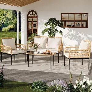 Fathersdaygift Summervibes Flash sale home items 4 Pieces Patio Furniture Sets Wicker Outdoor Patio Table and Chairs Set with Glass Side Table, Loveseat Chairs, Boho Rattan 4 Seater Conversation Sets for Backyard, Porch, Bistro, Beige