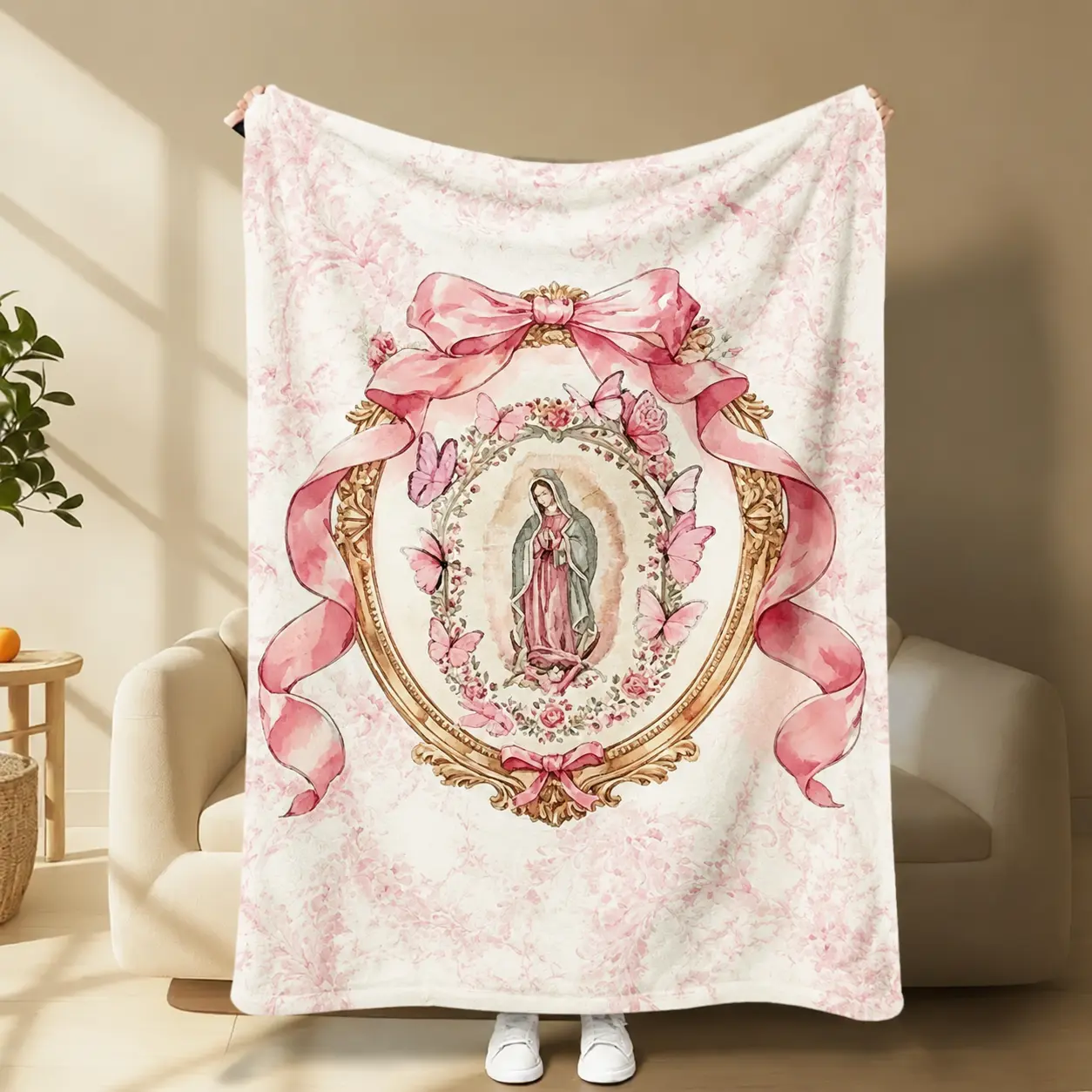 Virgin Mary Our Lady of Guadalupe Pink Bow Frame Flannel Throw Blanket - Soft, Funny, Cozy, Lightweight, Plush, Portable Cover for Sofa - Warm Birthday, Christmas Gift