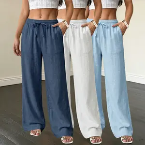 Women’s 3 pack couple loose long pants made from woven polyester fiber, solid color straight leg design with drawstring and pockets, suitable for everyday outings and outdoor activities.