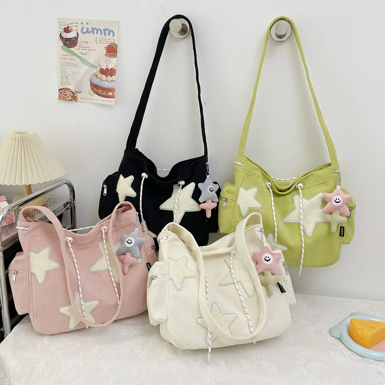 Large Capacity Corduroy Bag Women's Shoulder Bag, Ins Casual Five-pointed Star Messenger Bag, Cute All-match Student Tote Bag