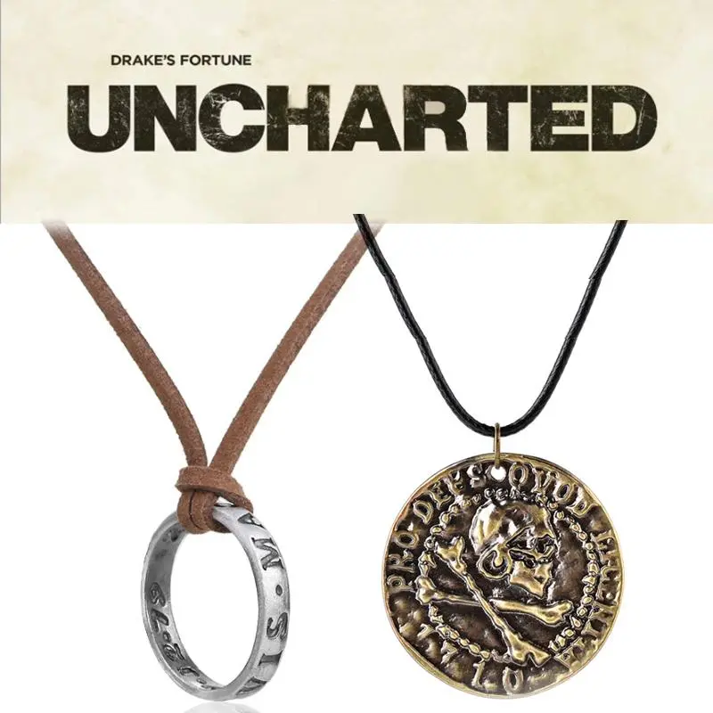 Nathan Drake Pendant Necklace for Nathan Drake Fans, Uncharted 4 A Thief's End Game Jewelry, Men's Long Leather Cord Chain Goth Costume Fashion Accessory for Daily Everyday Wear, Male, Casual, Metal Pendant, Chain Jewelry Necklaces, Long Chain Necklace