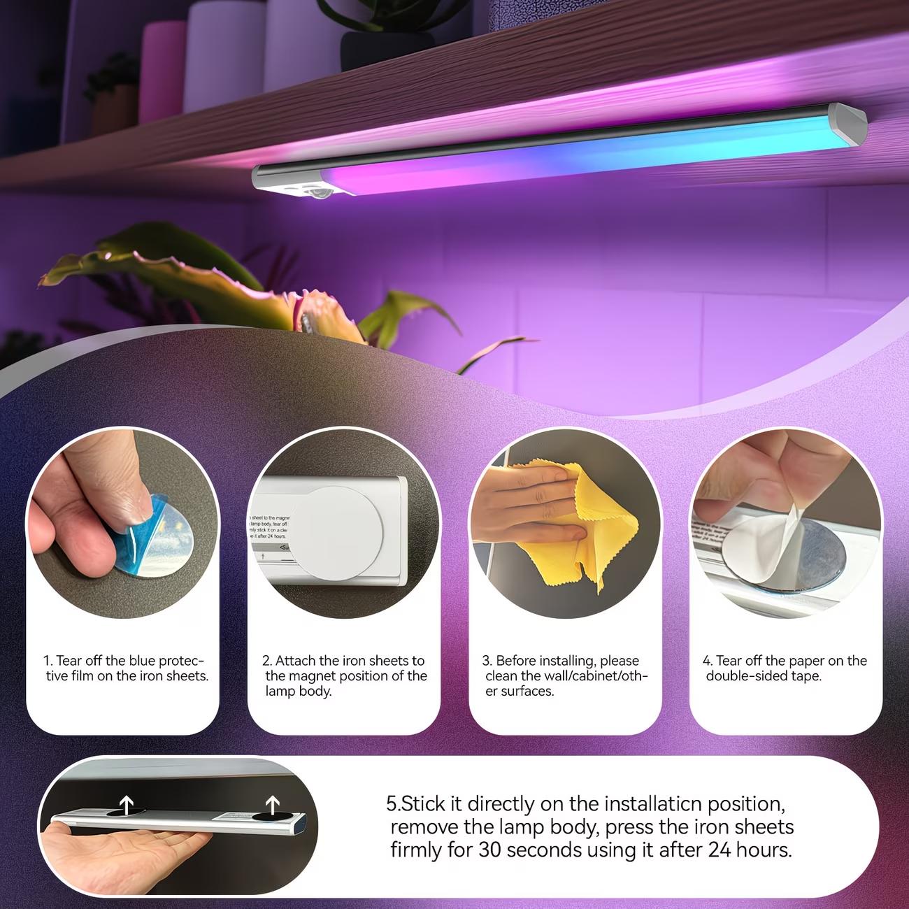 RGB Dynamic Sensing Night Light Strip — Smart Cabinet Light, 1500mAh Rechargeable Design, Magnetic No-Drill Installation, Perfect for Kitchens, Wardrobes, Staircases, Bathrooms, and Stylish Vacation Home Decor.