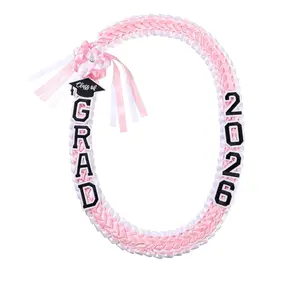 Graduation Leis Class of 2026Grad Handmade Ribbon Lei Double Braided Ribbon Necklace with Grad Letters,47.2Inch