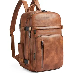 Travel Backpack for Women and Men, Fits 17.0" Laptop, Stylish Lay-Flat Carry- Vegan Leather Backpack with Luggage Strap for Travel and Daily Use