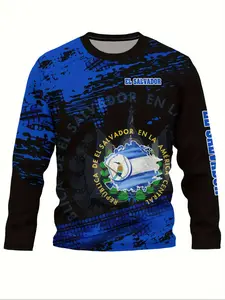 Men's El Salvador Flag Theme Football Jersey, Round Neck Long Sleeve T-Shirt, Sporty Style Fitted Top for All Seasons, Stylish Jersey