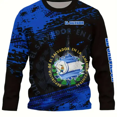Men's El Salvador Flag Theme Football Jersey, Round Neck Long Sleeve T-Shirt, Graphic Athletic Top, Sporty Style Fitted Top for All Seasons