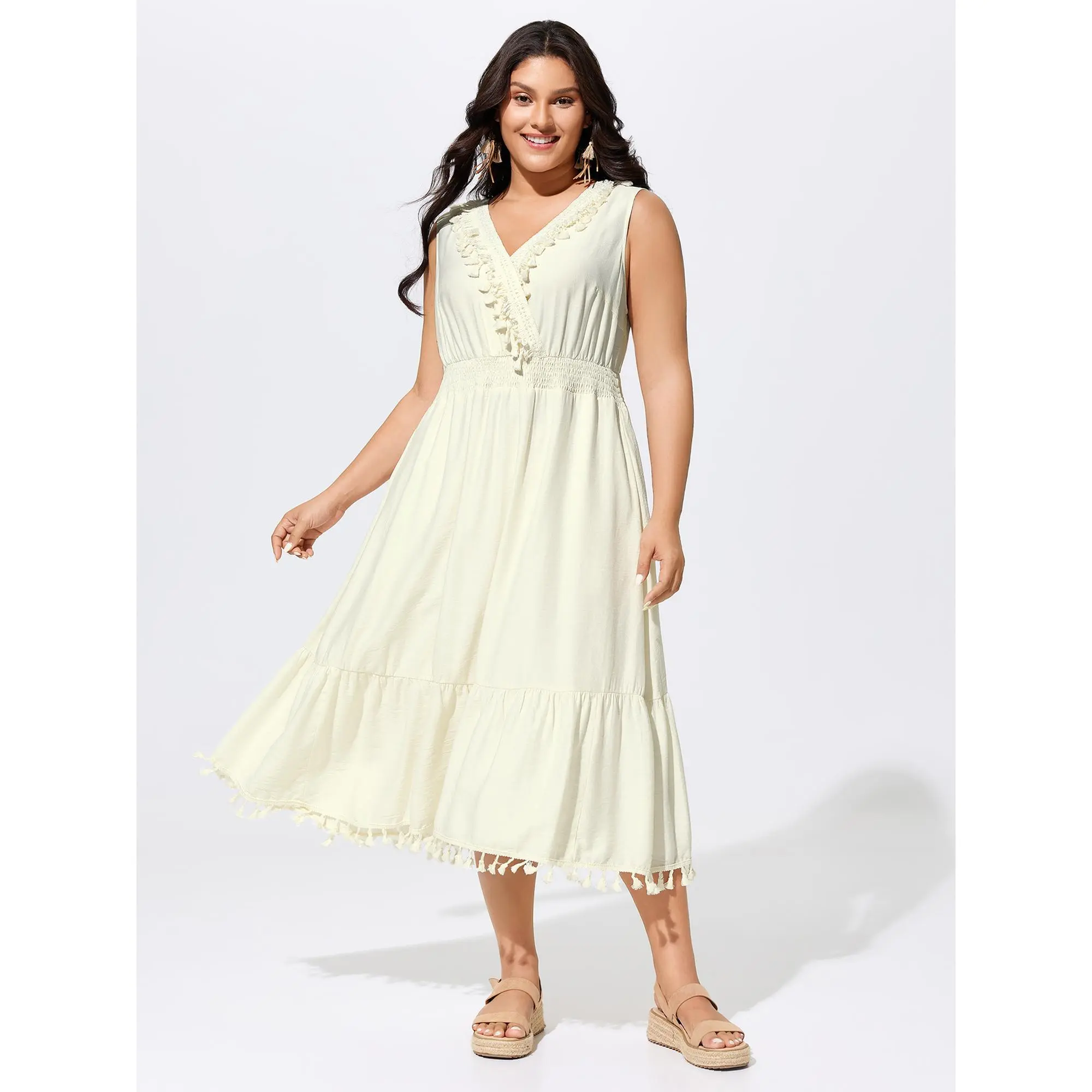 BLOOMCHIC Plus Size Midi Dress with Fringe, Lace Neckline, and Smocked Waist [M–6X],  Women, Solid, Smooth, Fabric, Comfy, Breathable,Summerfinds