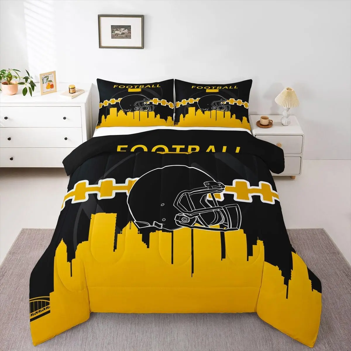 Feelyou Multi-Size Whole Piece Football Helmet Theme Bedding Set - Blue Gray Rugby Comforter, Yellow Black Pittsburgh Sports Motifs Duvet Insert, Travel-Friendly RV Camping Linen Set