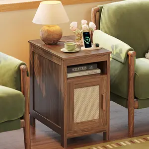 Narrow Night Stand, End Table with  Station, USB-C Port, Rattan Side Table with Cabinet and Open Shelf, Synthetic Rattan, for Small Spaces, Bedroom, Walnut