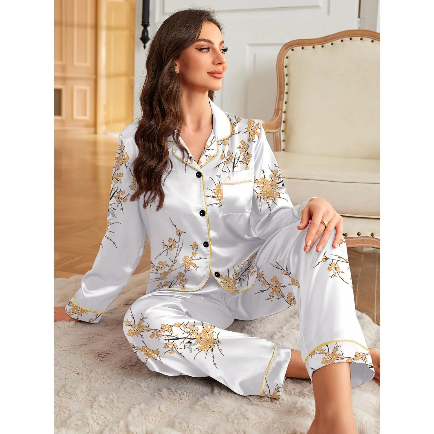 Elegant Women's Floral Print Lapel Long Pants Long Sleeve Pajama Set Loungewear Set
