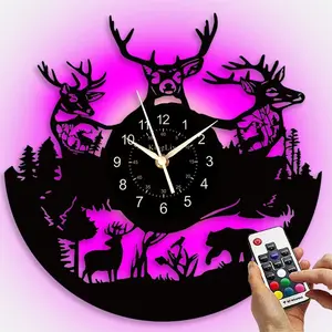 Vintage Forest Deer Vinyl Wall Clock, Led Wall Clocks, Christmas & Easter Themed Seven-Color LED Display, Home & Office Decor, Unique Bar Decoration