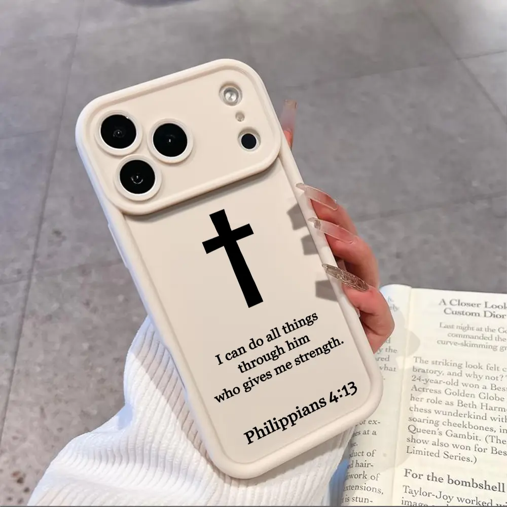 Classical Bible Verse 4.13 Cross Pattern Silicone Cellphone Case - Shockproof, Drop-Protective, Rugged Durable Cover for iPhone 17/16 Pro Max/Air/15 Plus/14/13/12/11, Customized Mobile Accessory, Accessories