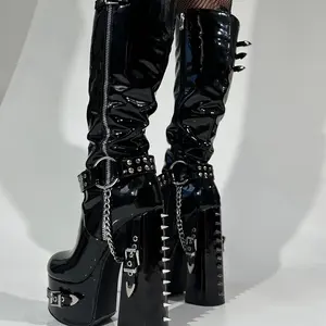 Thick Platform Knee-Length High-Heel Boots, Black Paint Surface Silver Necklace Rivet Buckle Gothic Punk, Girl Large Wide Calf Shoes for Men and Women