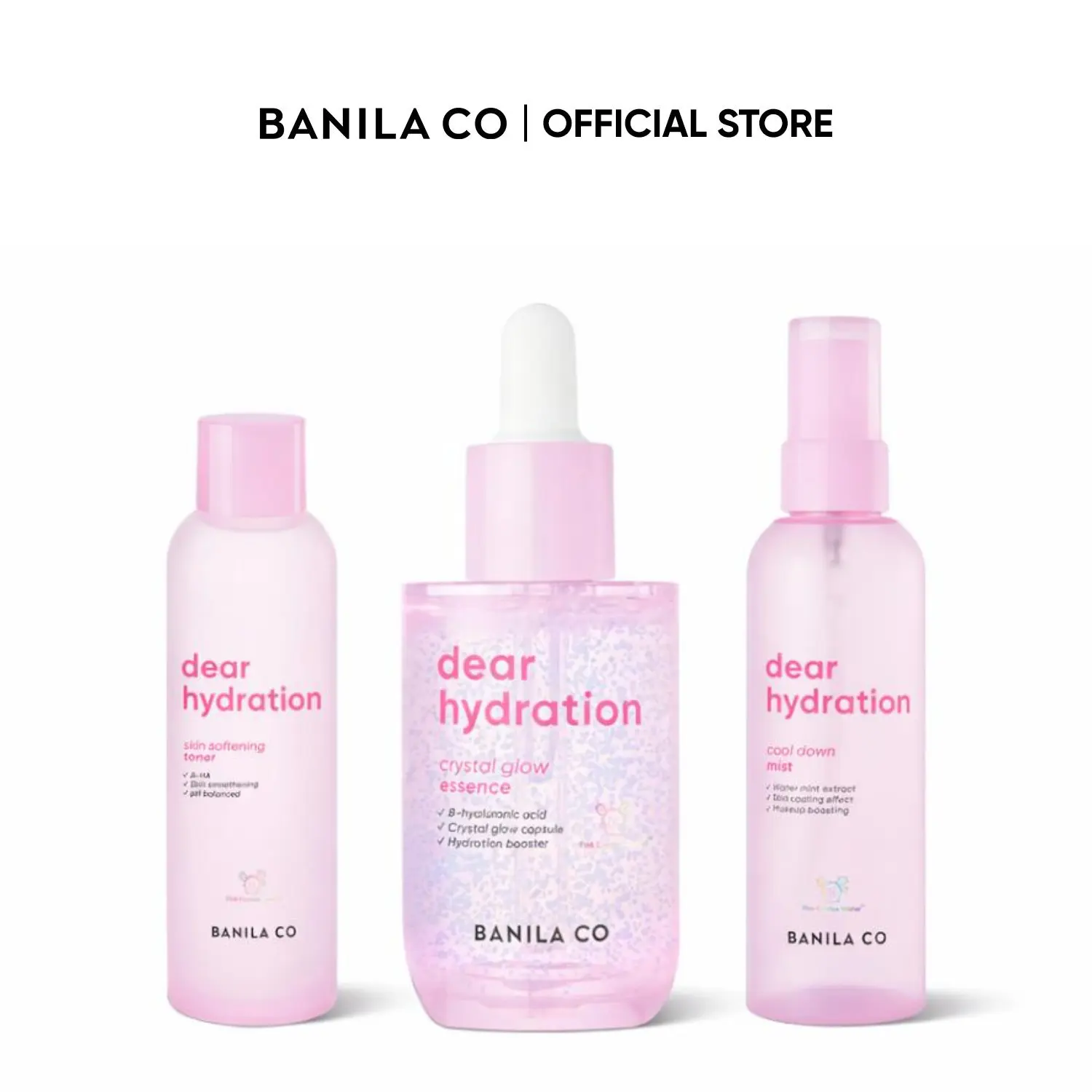 BANILA CO Dear Hydration Glow Set | Dear Hydration Skin Softening Toner, Crystal Glow Essence & Cool Down Mist | Glass Skin Hydration 3-in-1 Kit | Pink Cactus Water & Hyaluronic Acid for Deep Moisture, Plump Glow & All-Day Fresh for Dry, Dull Skin