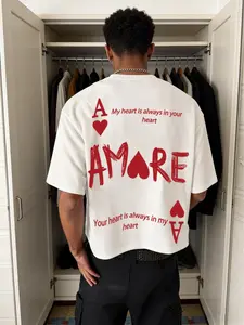 Men's short T-shirt, AMORE heart-shaped and love quote printing, romantic street loose white short-sleeved top, summer casual fashion, loose version T-shirt, street trend, subculture style, holiday gift, same style for men and women, Streetwear, Menswear